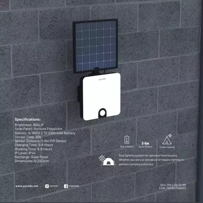 لامپ دیواری خورشیدی پرودو مدل PD-LSSLRLMP ا Porodo Smart Outdoor Solar Lamp With Built-in Battery